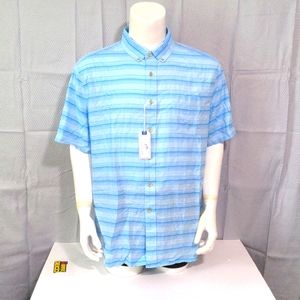 Southern Tide Short Sleeve Shirt Blue Varigated Stripe Linen Blend Pocket $99